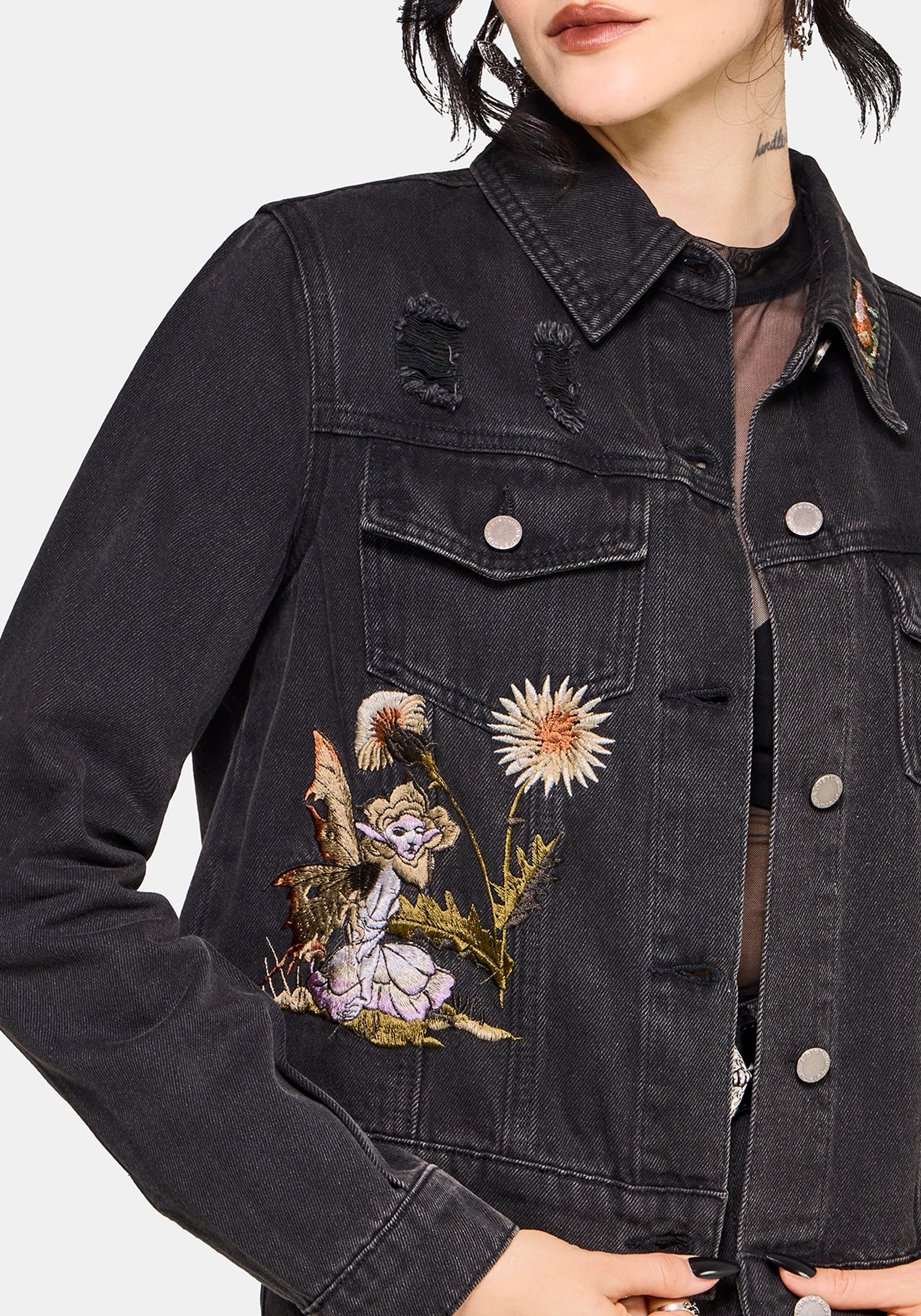 Faela Fairy Embroidered Distressed Denim Jacket US 2