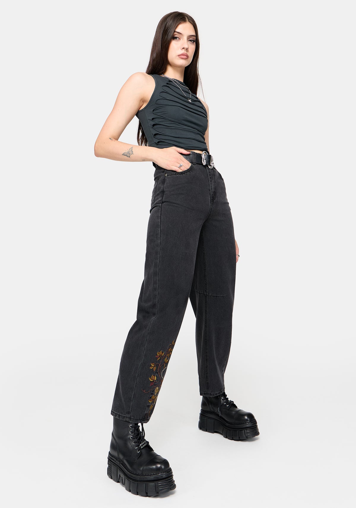 Maleah Embroidered Denim Barrel Jeans