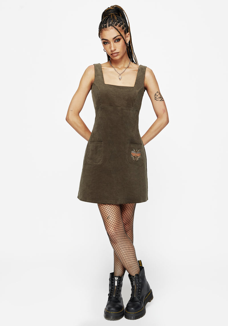 green cord mini dress Go-Getter Girl Olive Green Corduroy Mini Dress With Pockets