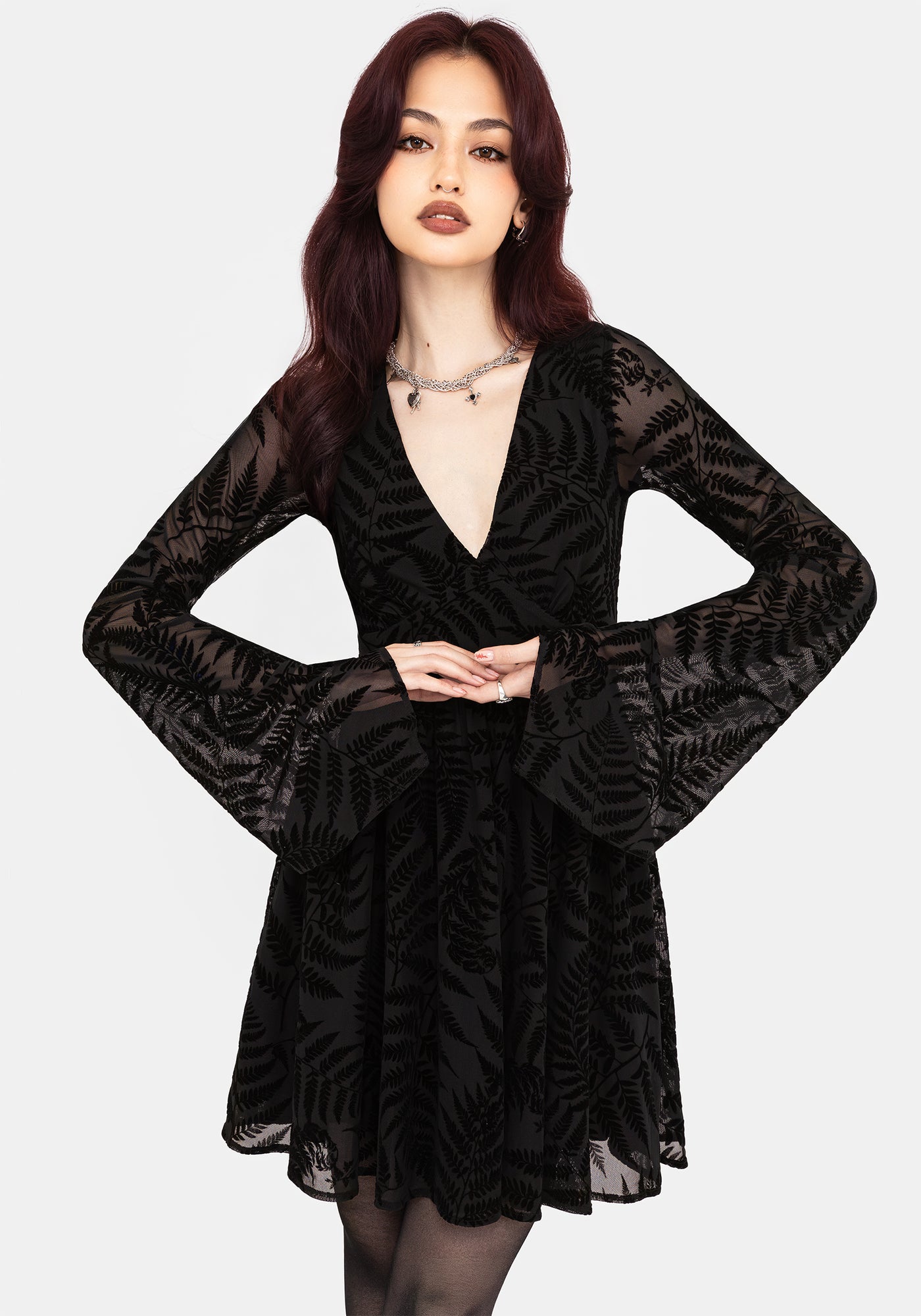 Lunafern Fern Leaf Flocked Mesh Flute Sleeve Mini Dress  Disturbia