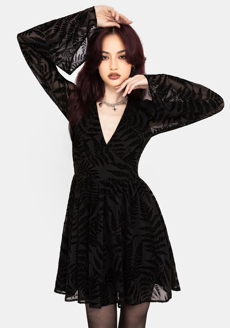 Lunafern Fern Leaf Flocked Mesh Flute Sleeve Mini Dress Disturbia Lunafern Fern Leaf Flocked Mesh Flute Sleeve Mini Dress Disturbia