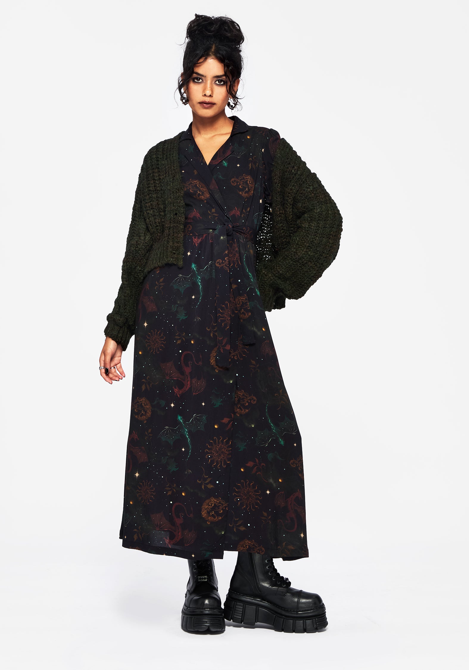 Phoenix Dragon Printed Wrap Midaxi Shirt Dress – Disturbia