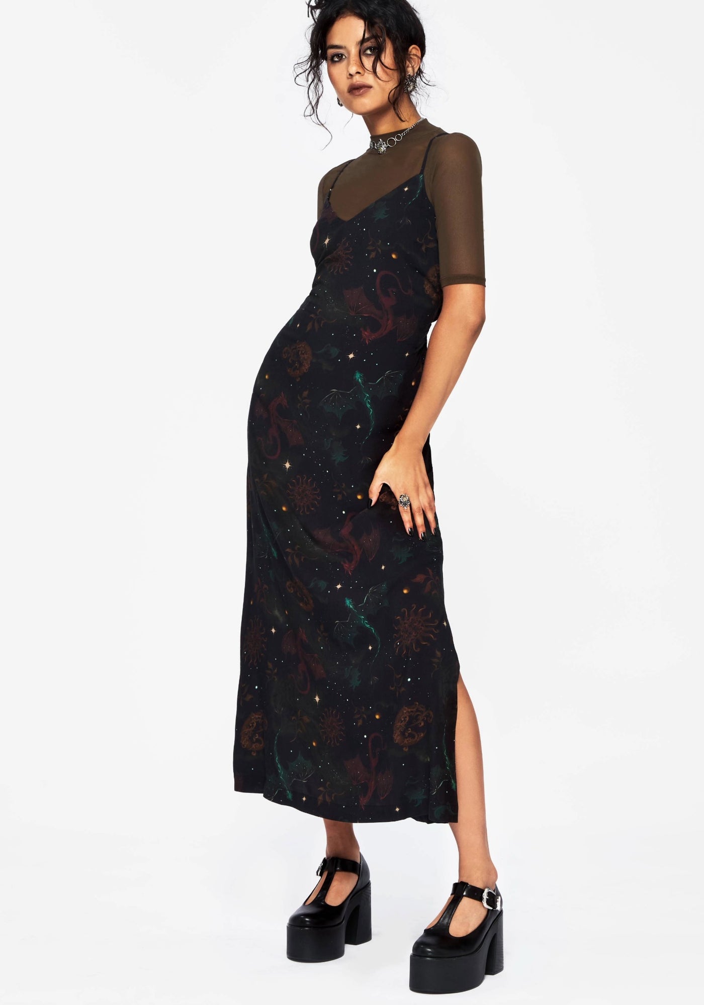 knee length dresses for ladies Phoenix Dragon Printed Cami Midi Dress – Disturbia