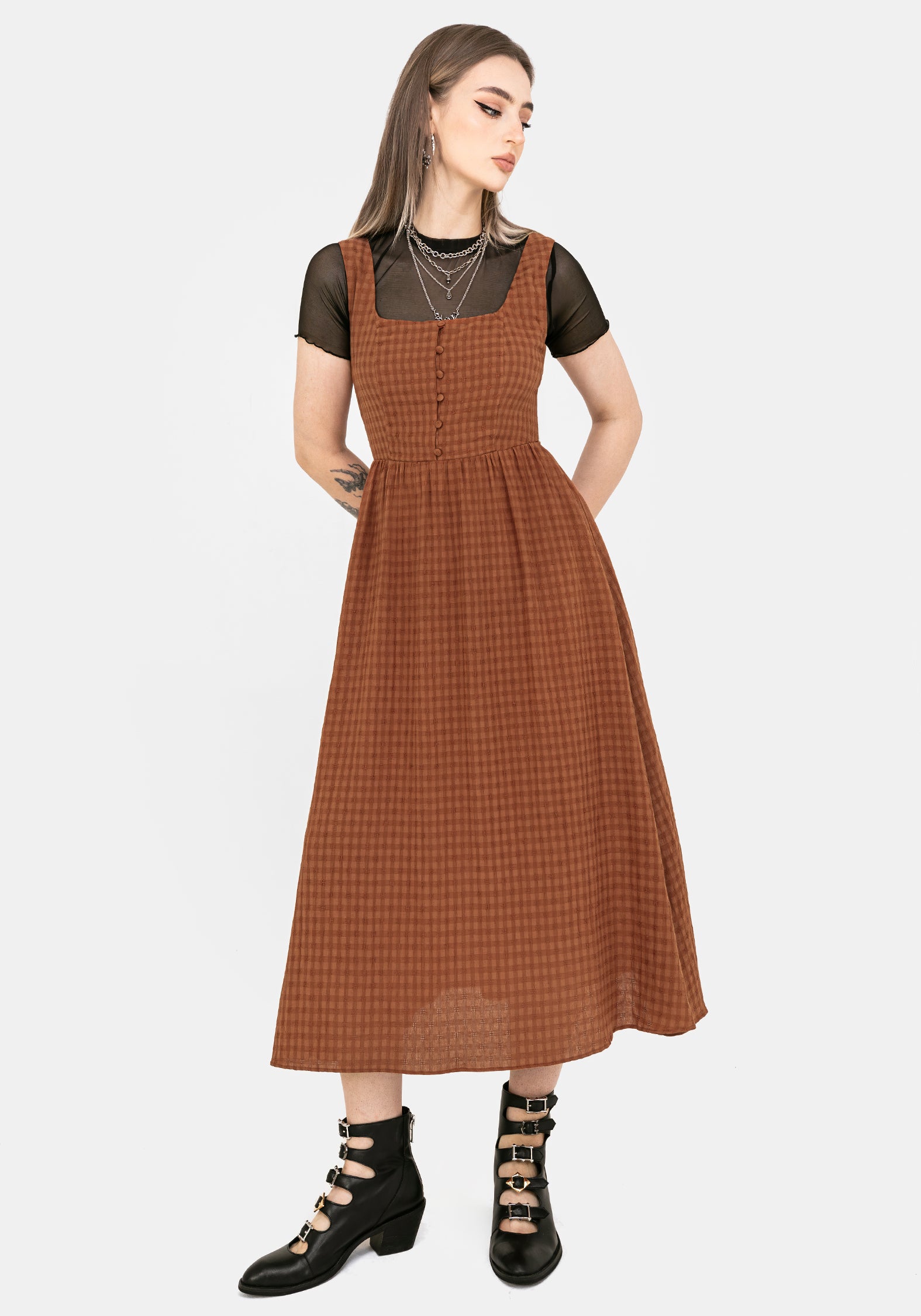 Soleil Cotton-Blend Check Cami Midi Dress
