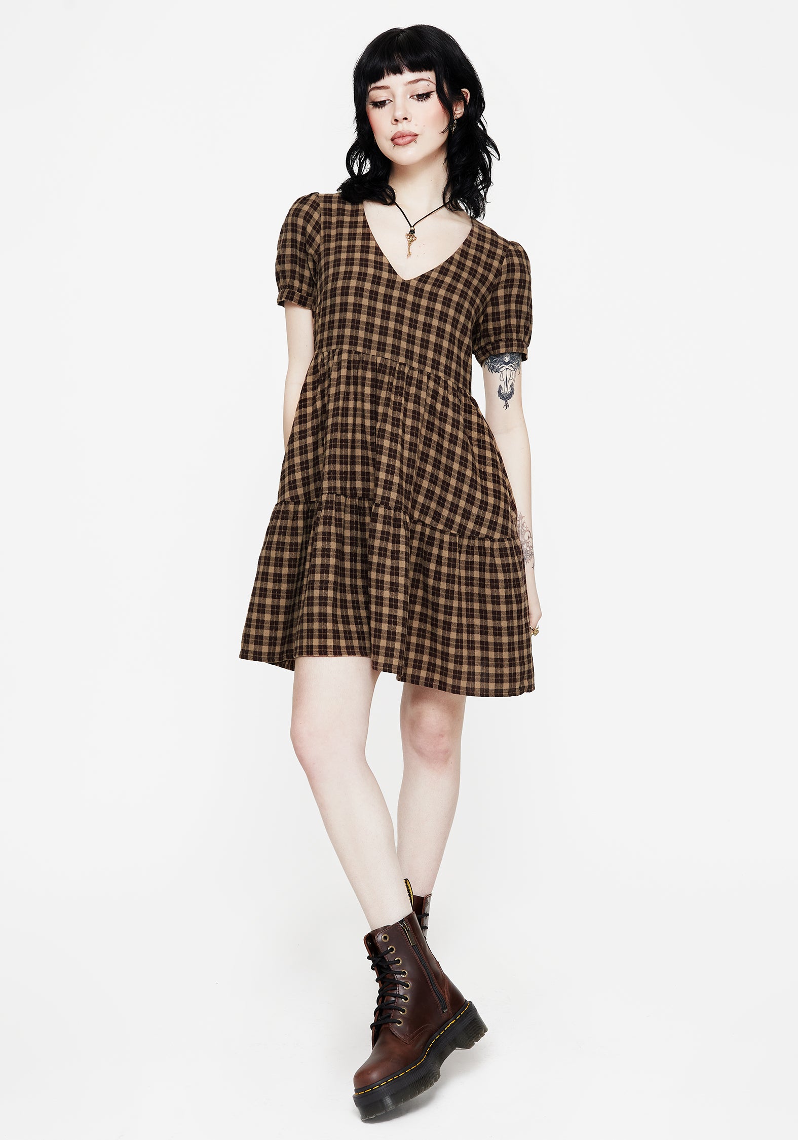 Terra Cotton Check Smock Mini Dress - Brown | Disturbia - Shop