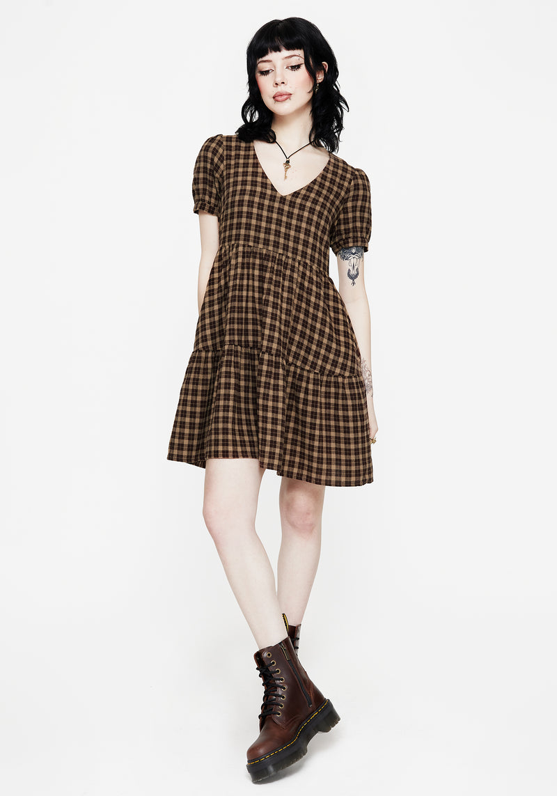 Terra Cotton Check Smock Mini Dress - Brown Terra Cotton Check Smock Mini Dress - Brown