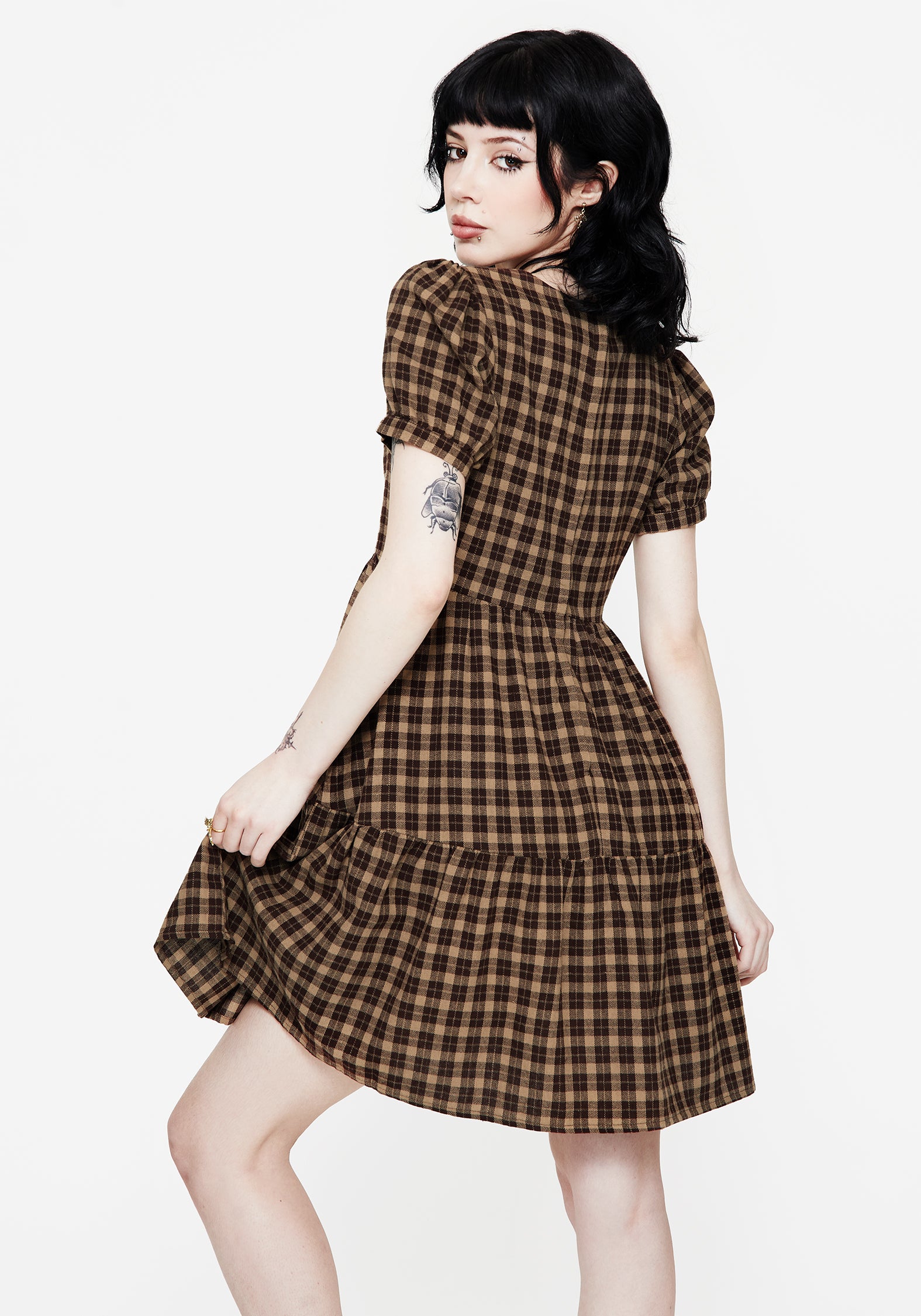 Terra Cotton Check Smock Mini Dress - Brown | Disturbia - Shop