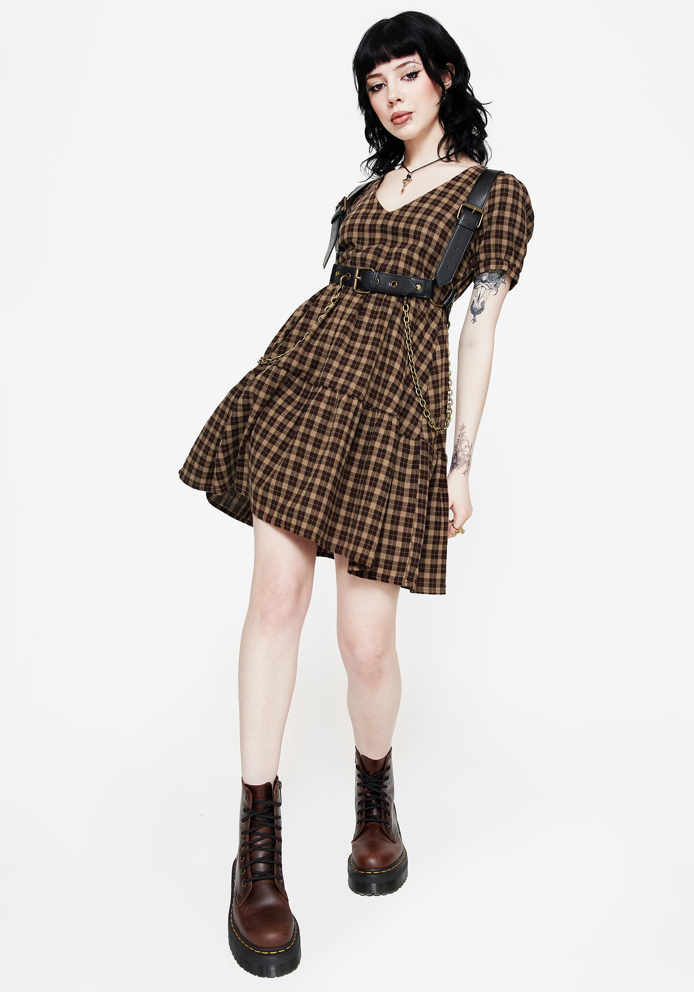 Terra Cotton Check Smock Mini Dress - Brown | Disturbia - Shop