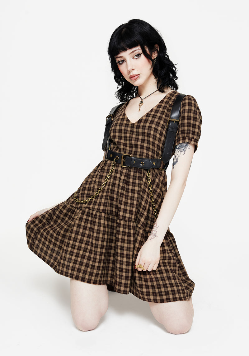 Terra Cotton Check Smock Mini Dress - Brown Terra Cotton Check Smock Mini Dress - Brown