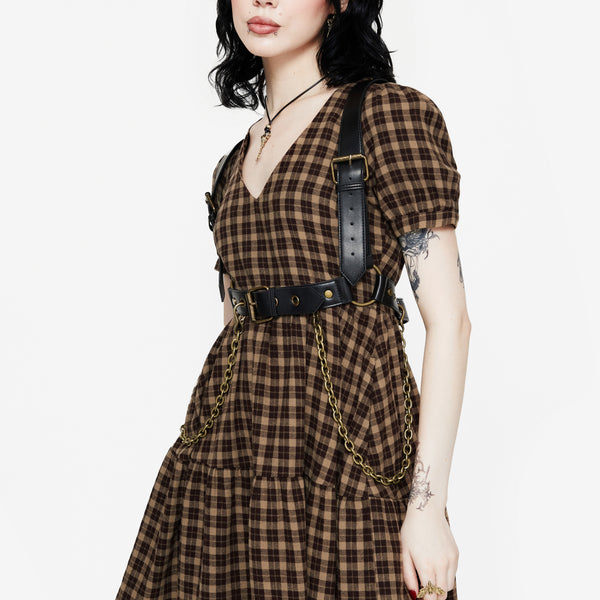 Terra Cotton Check Smock Mini Dress - Brown | Disturbia - Shop