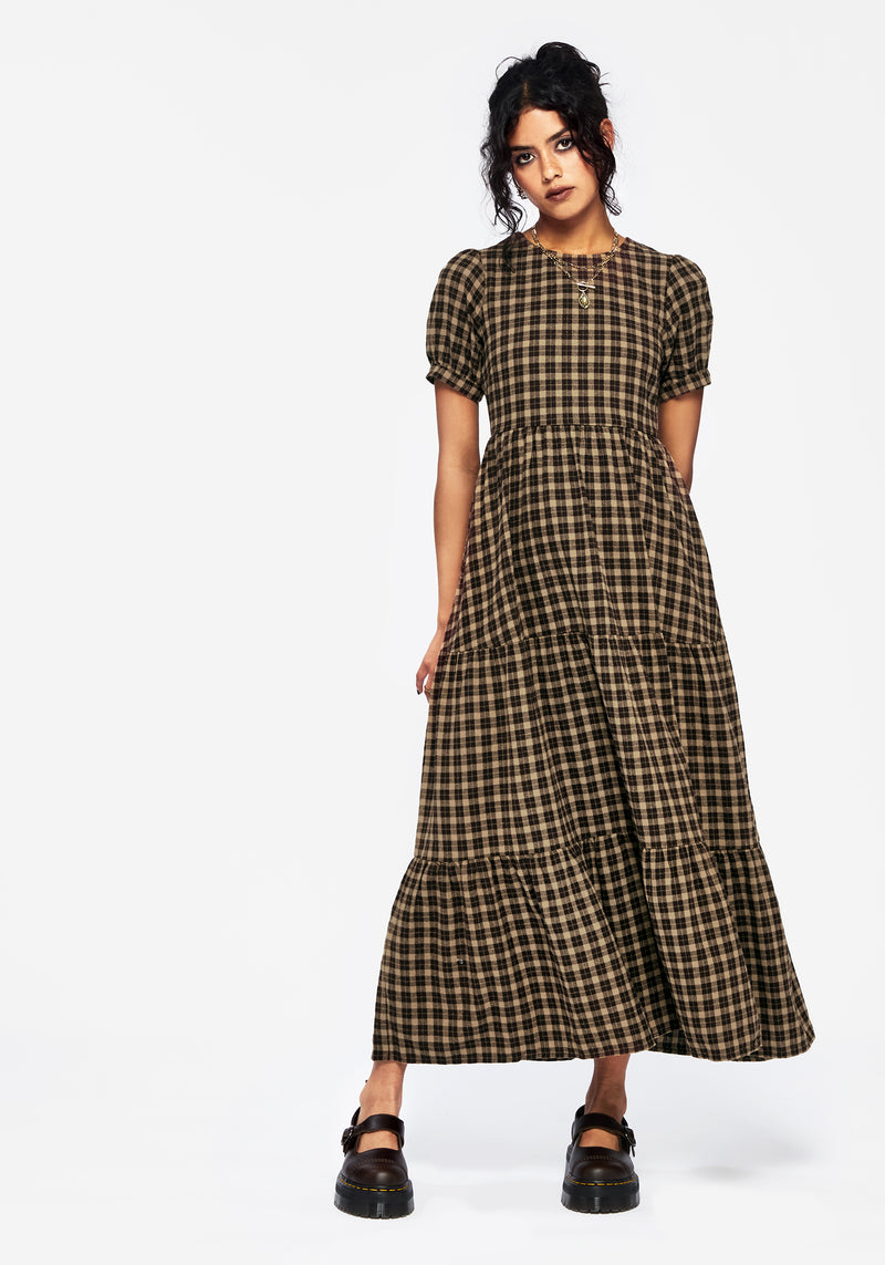 Terra Cotton Check Smock Midaxi Dress - Brown Disturbia Terra Cotton Check Smock Midaxi Dress - Brown Disturbia