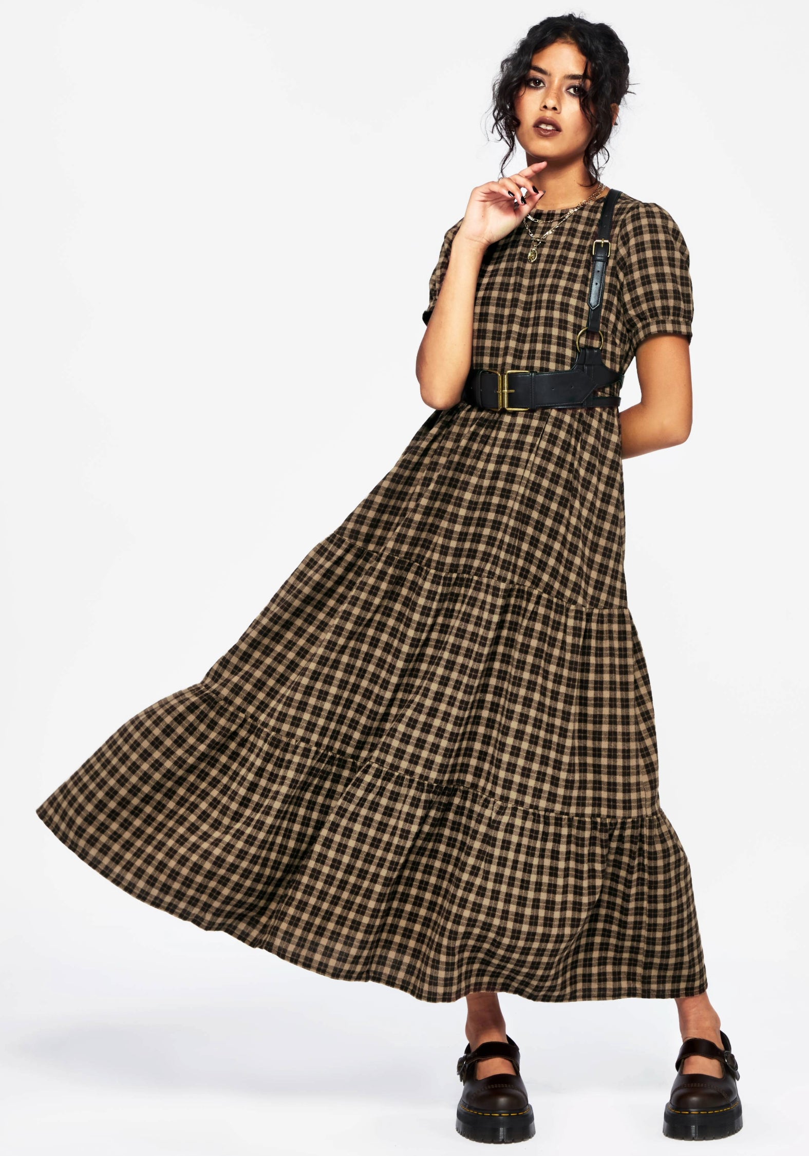 Terra Cotton Check Smock Midaxi Dress