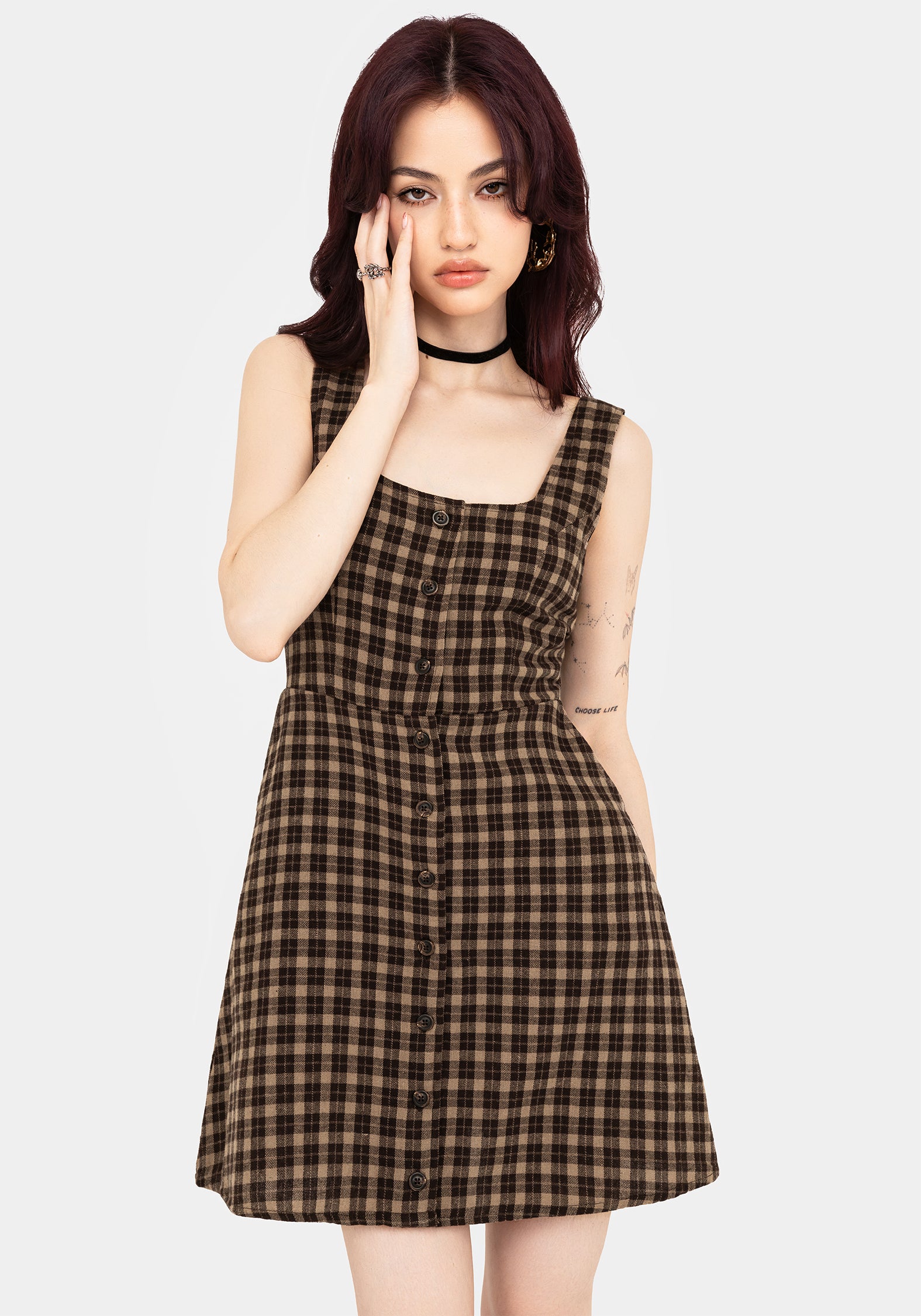 Terra Cotton Check Sleeveless Button Up Mini Dress