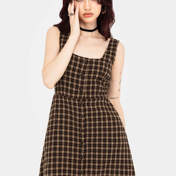 Terra Cotton Check Sleeveless Button Up Mini Dress - Brown