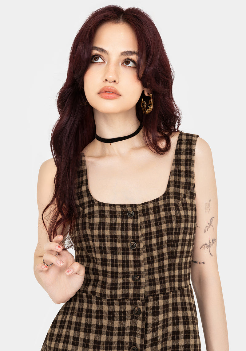 Terra Cotton Check Sleeveless Button Up Mini Dress - Brown | Disturbia - Shop Women's Gothic, Alternative & Dark Romantic Fashion, Accessories & Homeware Terra Cotton Check Sleeveless Button Up Mini Dress - Brown | Disturbia - Shop Women's Gothic, Alternative & Dark Romantic Fashion, Accessories & Homeware