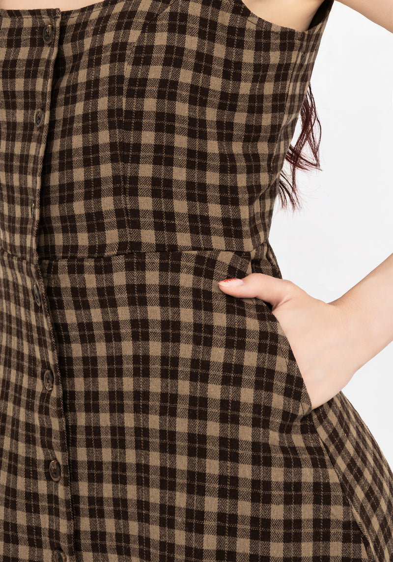 Terra Cotton Check Sleeveless Button Up Mini Dress - Brown Terra Cotton Check Sleeveless Button Up Mini Dress - Brown