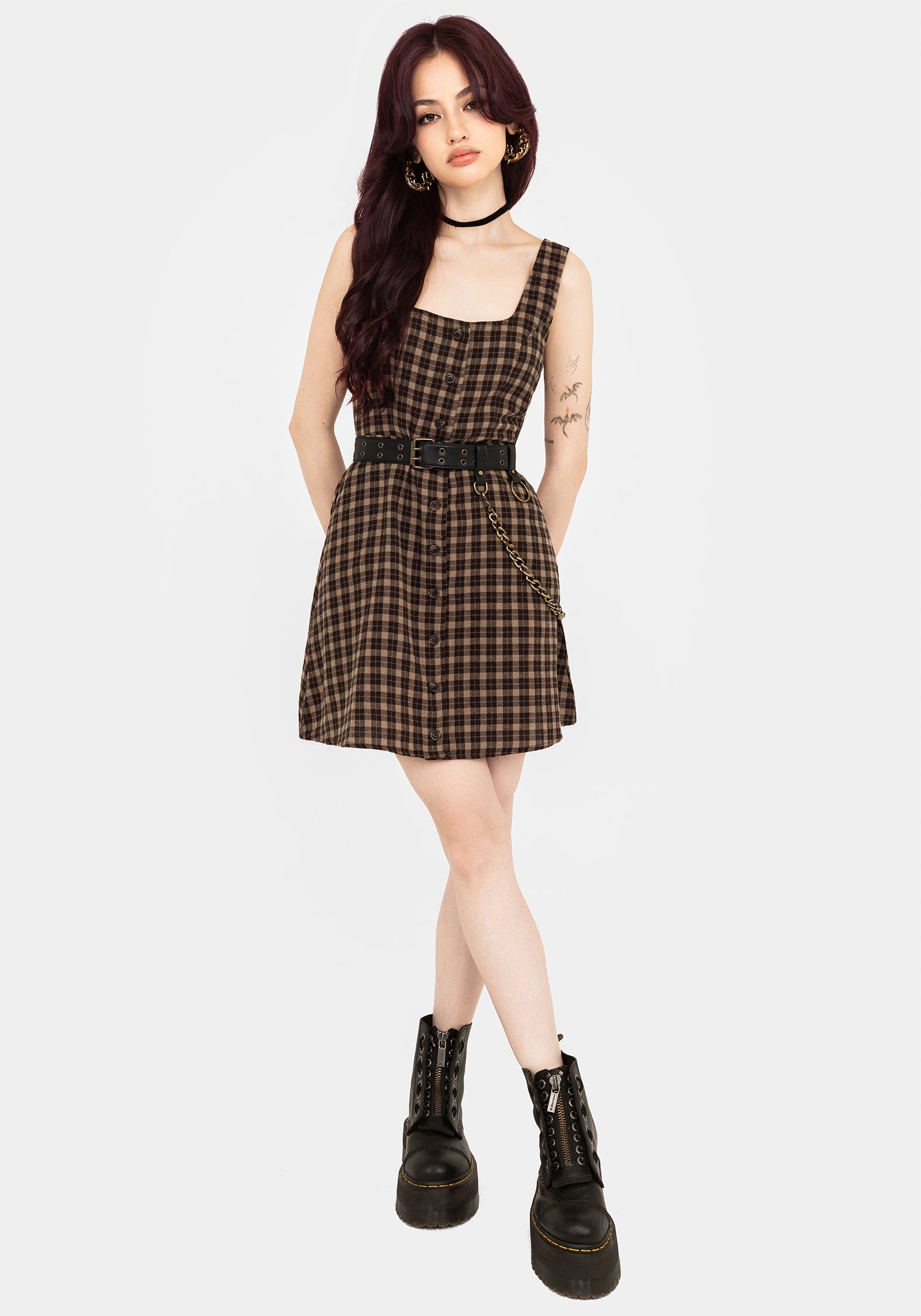 Terra Cotton Check Sleeveless Button Up Mini Dress