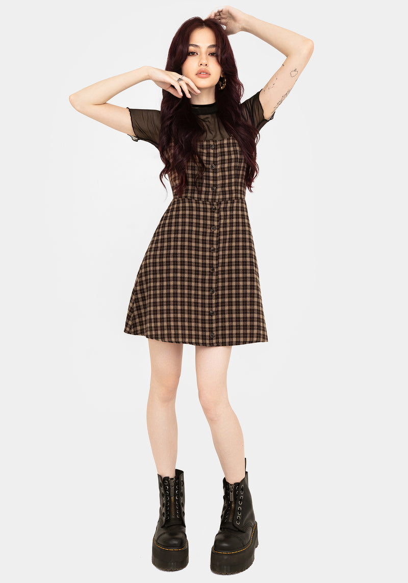 Terra Cotton Check Sleeveless Button Up Mini Dress - Brown | Disturbia - Shop Women's Gothic, Alternative & Dark Romantic Fashion, Accessories & Homeware Terra Cotton Check Sleeveless Button Up Mini Dress - Brown | Disturbia - Shop Women's Gothic, Alternative & Dark Romantic Fashion, Accessories & Homeware