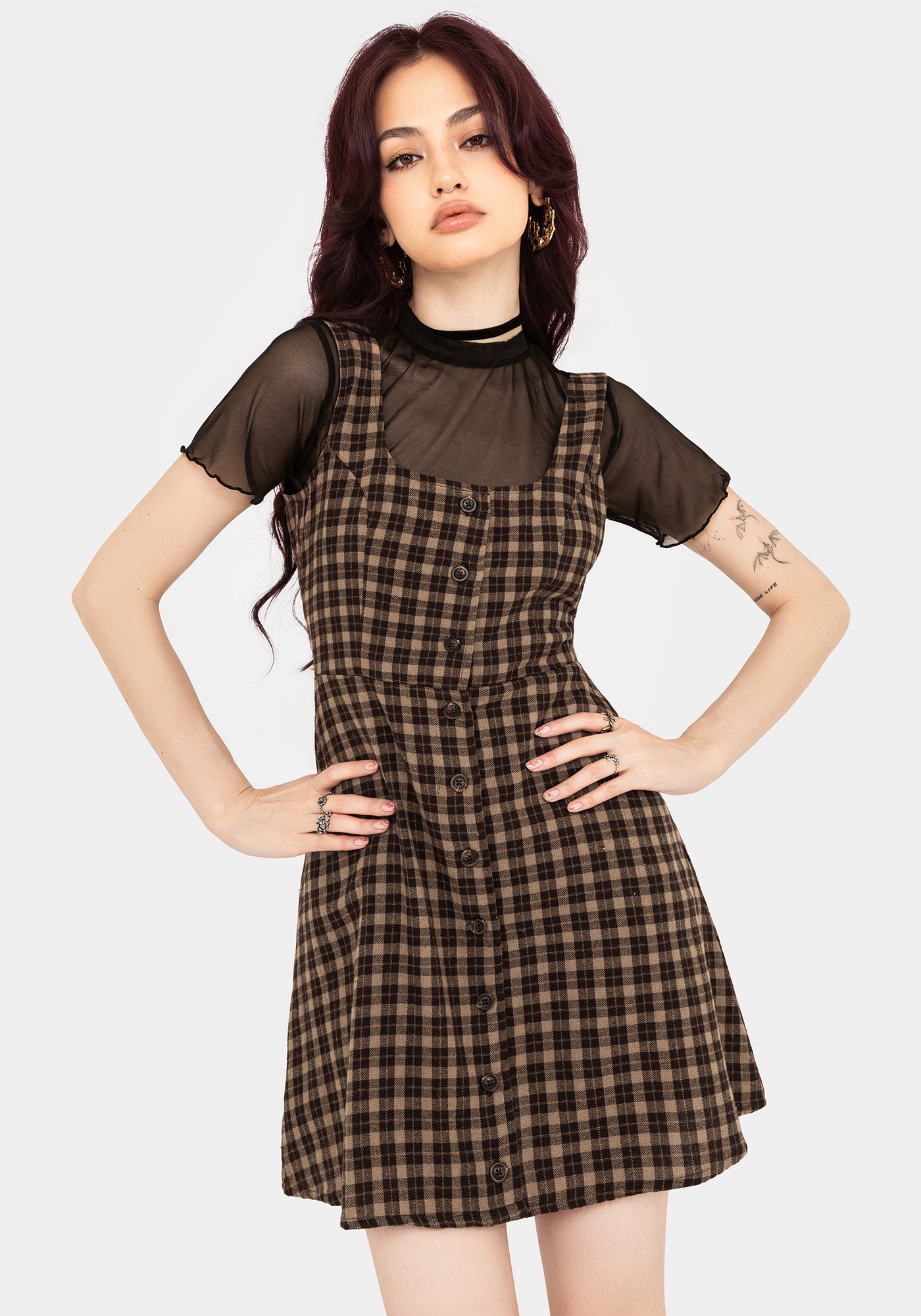 Terra Cotton Check Sleeveless Button Up Mini Dress - Brown | Disturbia - Shop Women's Gothic, Alternative & Dark Romantic Fashion, Accessories & Homeware Terra Cotton Check Sleeveless Button Up Mini Dress - Brown | Disturbia - Shop Women's Gothic, Alternative & Dark Romantic Fashion, Accessories & Homeware