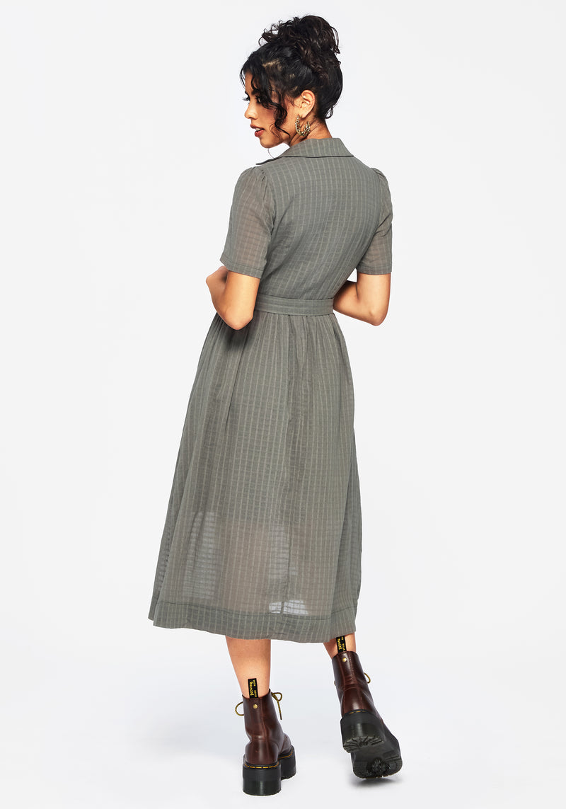 grey midi shirt dress Gray Linen Midi Dress with Belt Swing Shirt Style, Half Sleeve 4940