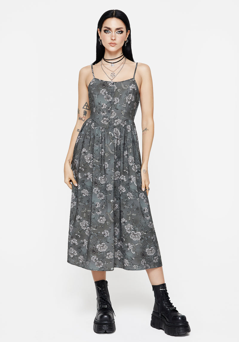 Meadow Floral Serpent Print Cami Midi Dress | Disturbia - Shop Women's Gothic, Alternative & Dark Romantic Fashion, Accessories & Homeware Meadow Floral Serpent Print Cami Midi Dress | Disturbia - Shop Women's Gothic, Alternative & Dark Romantic Fashion, Accessories & Homeware