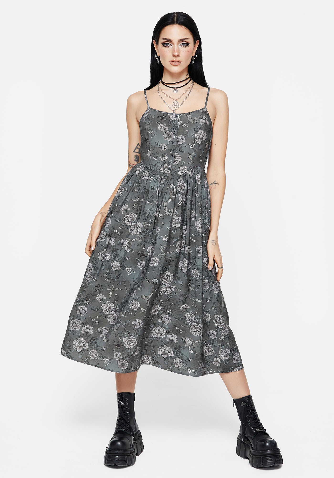 gray floral midi dress Meadow Floral Serpent Print Cami Midi Dress | Disturbia