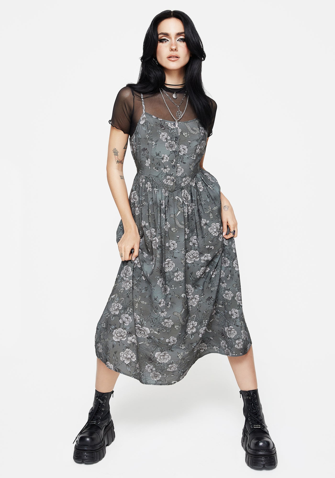 new look grey floral dress Meadow Floral Serpent Print Cami Midi Dress | Disturbia
