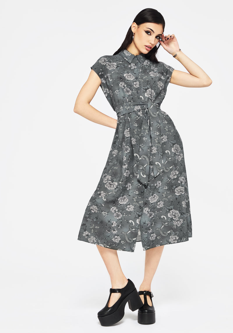 Meadow Floral Serpent Print Midi Shirt Dress | Disturbia