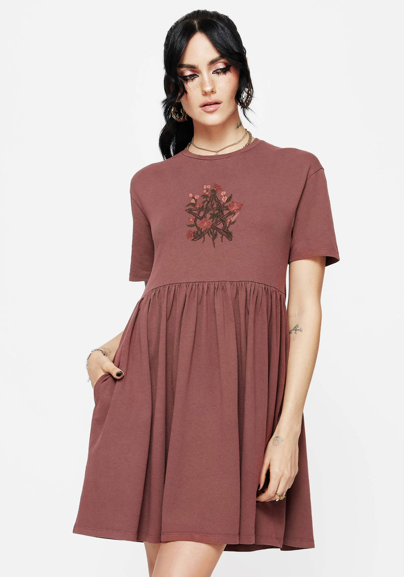 Aster Cotton Pentagram Embroidered Mini Skater Dress | Disturbia