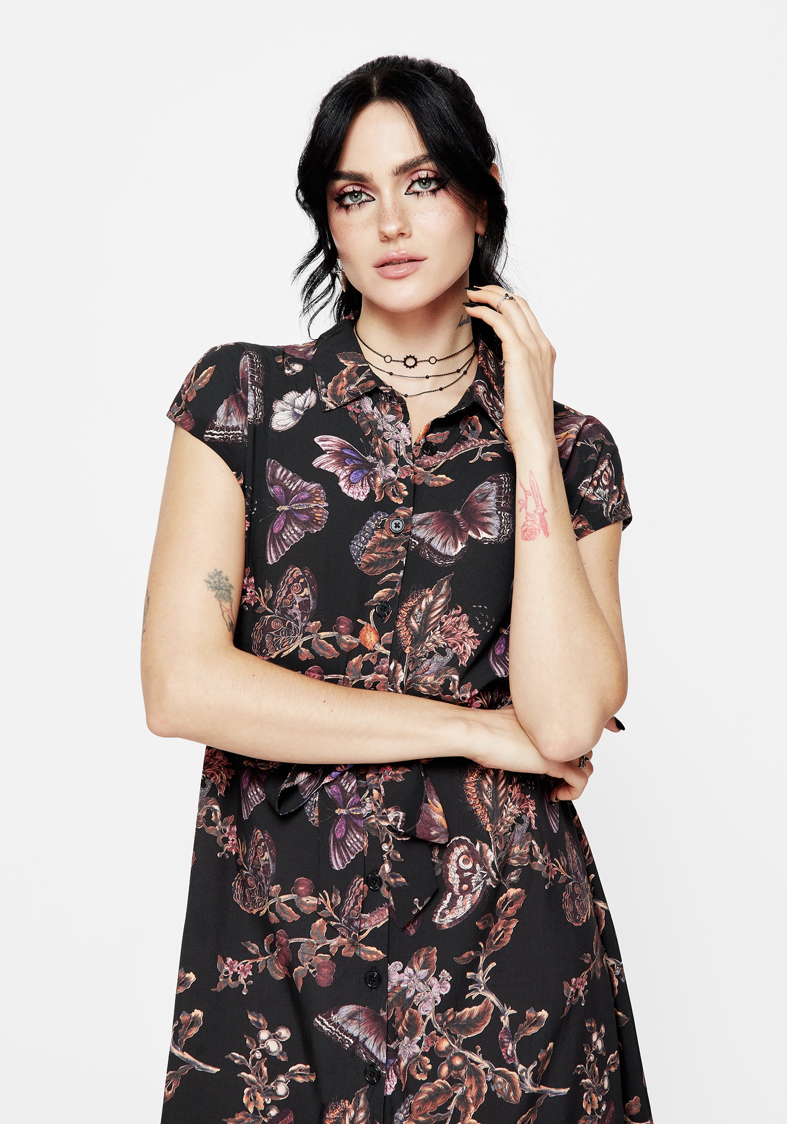 women's butterfly dress Eloise Floral Butterfly Print Button Up Midi Dress | Disturbia