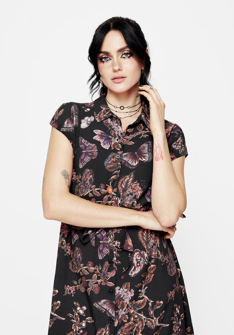 Eloise Floral Butterfly Print Button Up Midi Dress | Disturbia - Shop Women's Gothic, Alternative & Dark Romantic Fashion, Accessories & Homeware Eloise Floral Butterfly Print Button Up Midi Dress | Disturbia - Shop Women's Gothic, Alternative & Dark Romantic Fashion, Accessories & Homeware