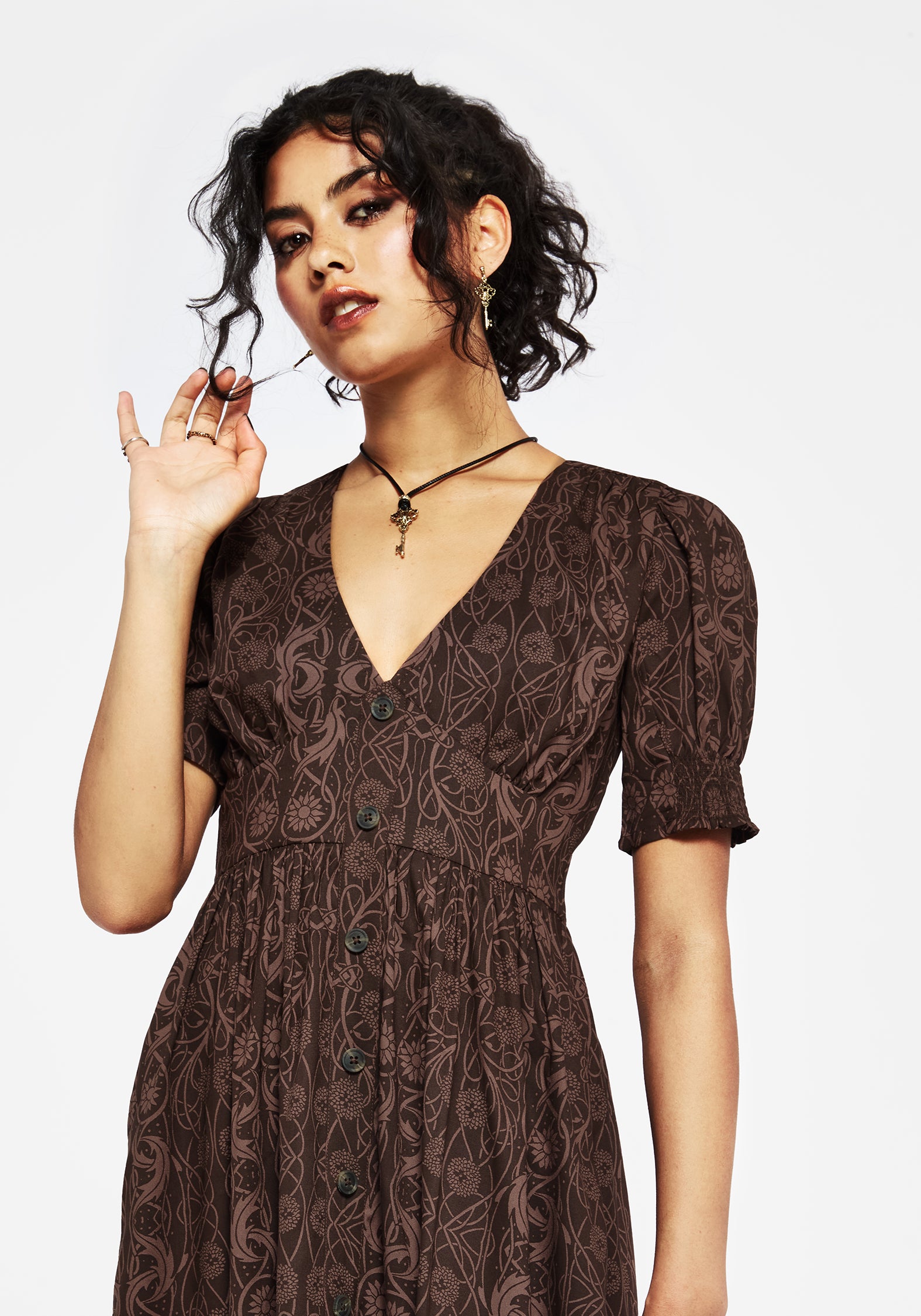 brown print midi dress Brown Floral Print 3/4 Sleeve Button Front Self Tie Waist Midi Dress
