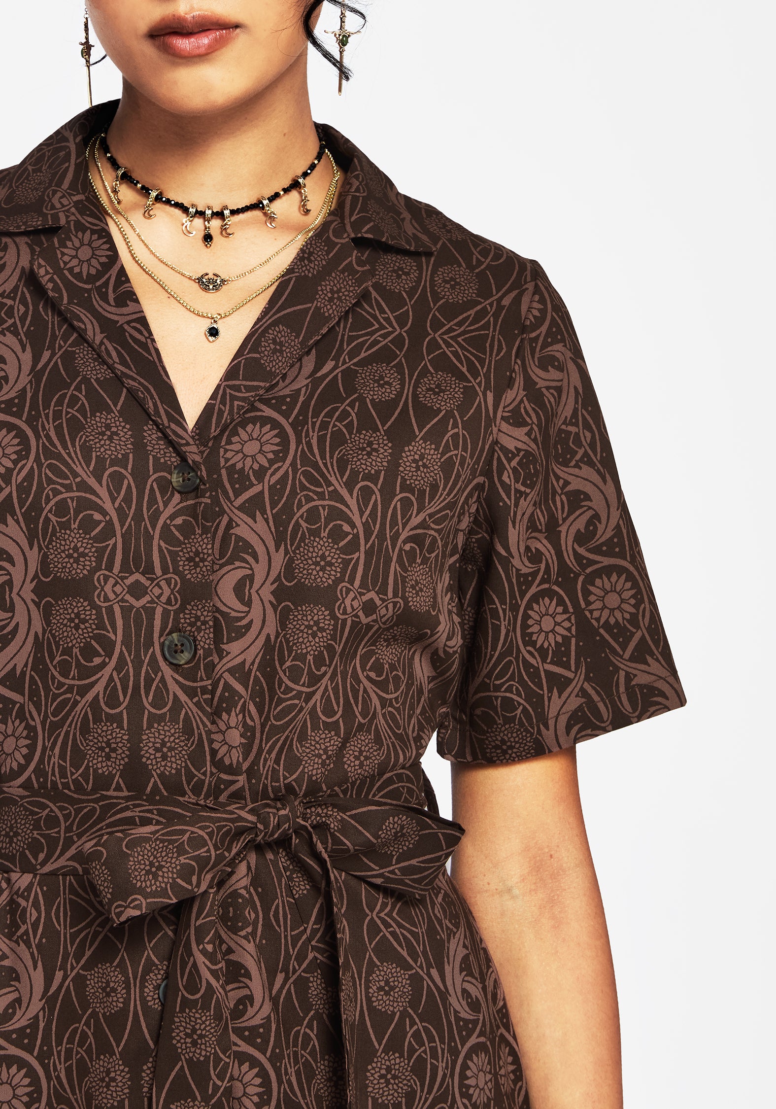 Fianna Button Front Mini Dress - Brown