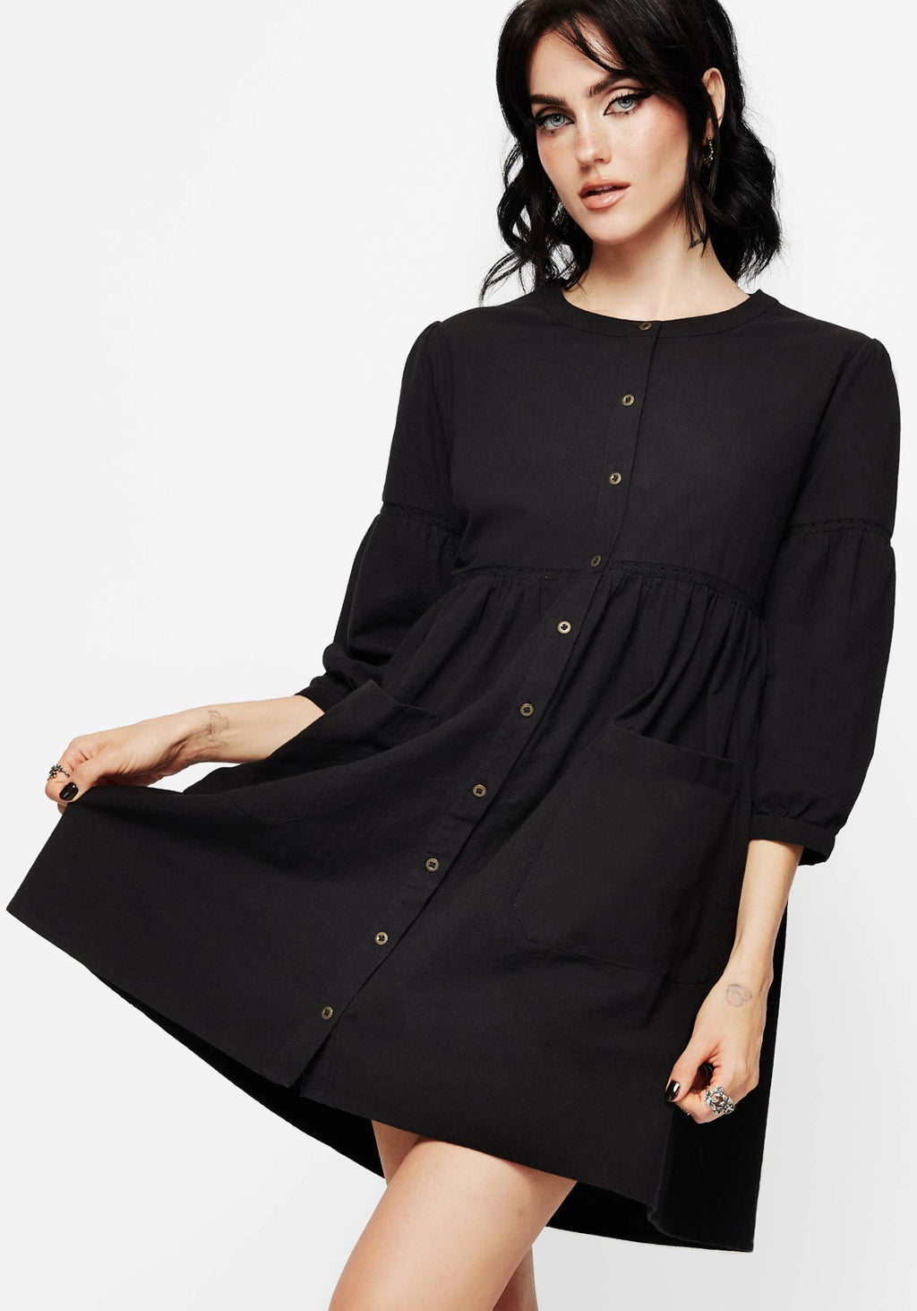 black smock mini dress boohoo Women's Cinched Waist Smock Mini Dress