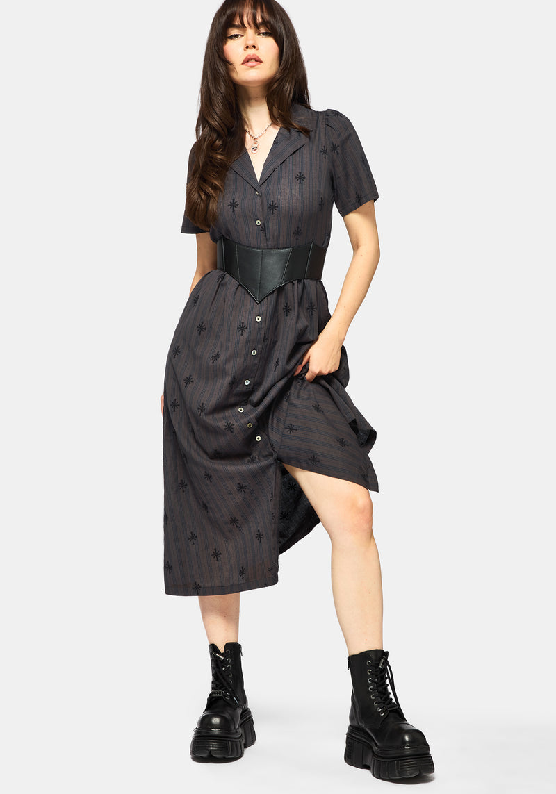 Diana Cotton Blend Stripe Cross Embroidered Midaxi Shirt Dress