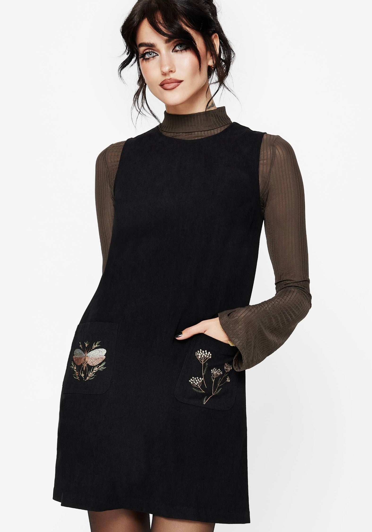 cord mini dress Griffinfly Embroidered Pocket Cord Mini Dress