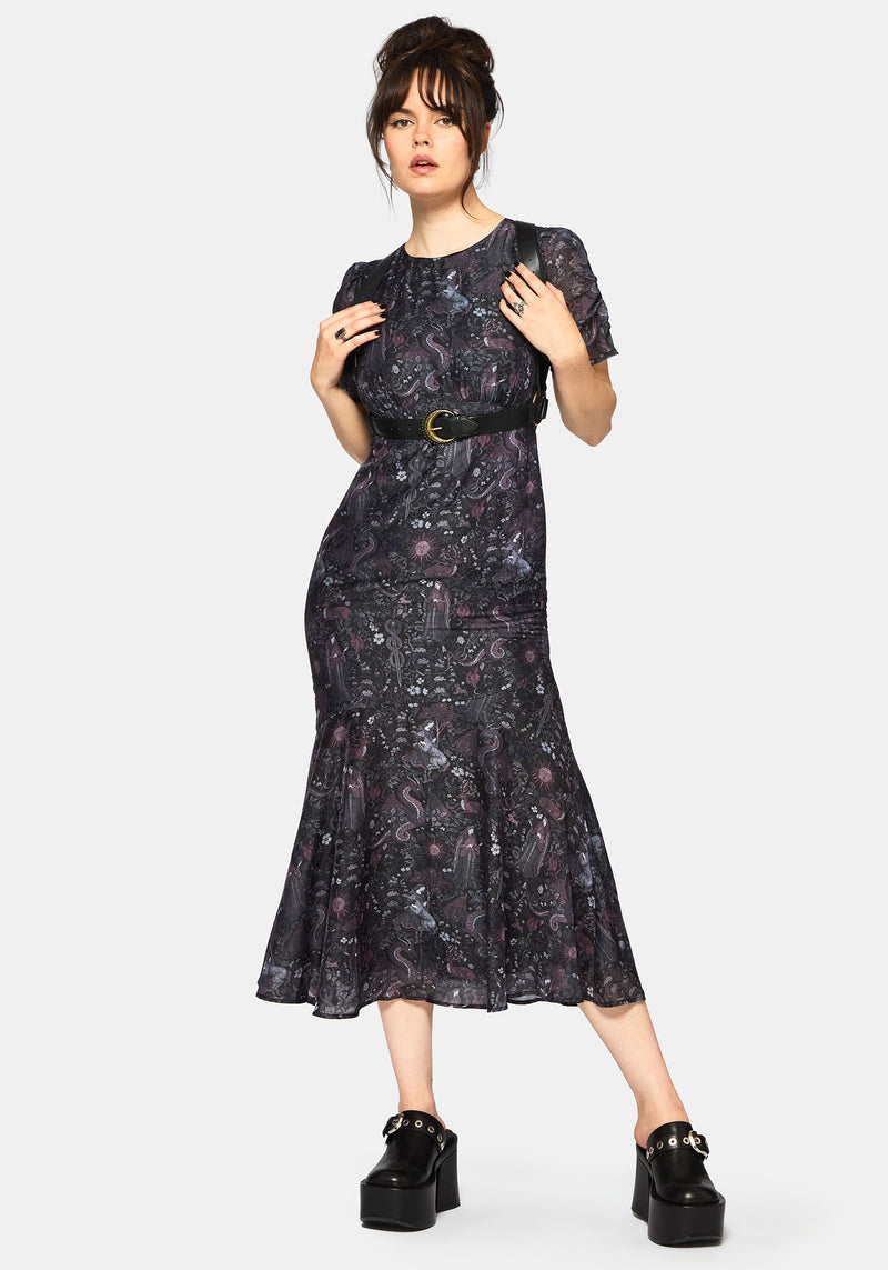 Haunt Medieval Print Chiffon Maxi Dress