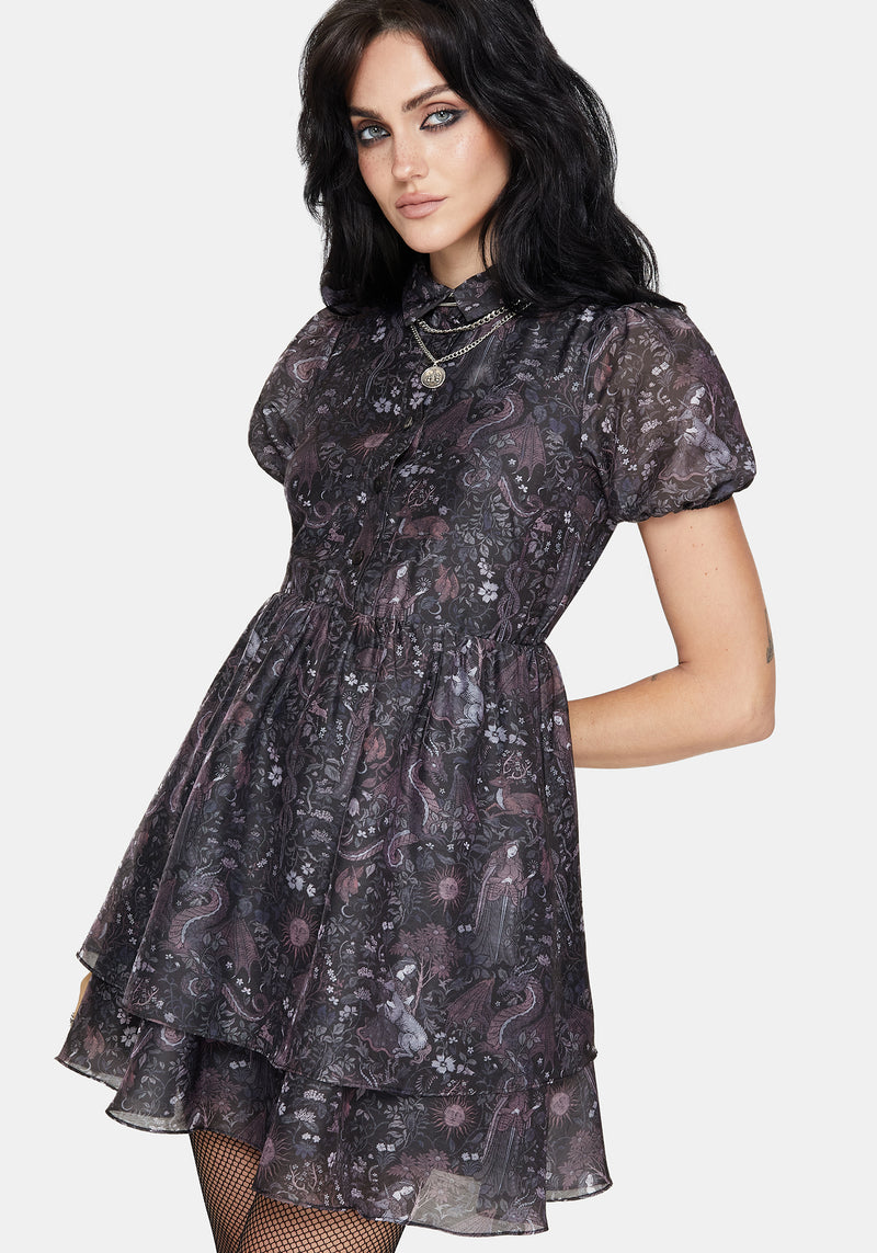 Haunt Medieval Print Chiffon Smocked Mini Dress Disturbia Haunt Medieval Print Chiffon Smocked Mini Dress Disturbia