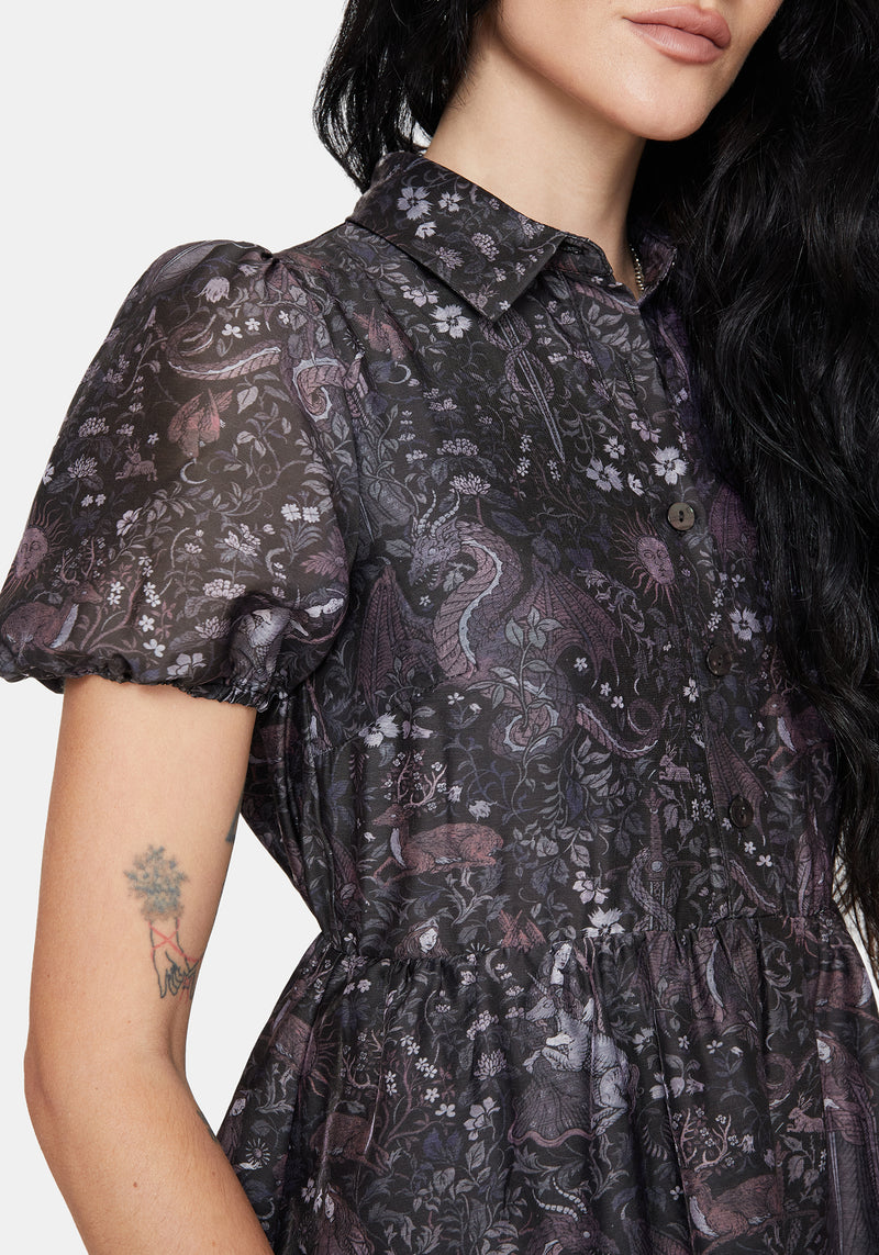 Haunt Medieval Print Chiffon Smocked Mini Dress