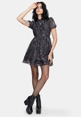 Haunt Medieval Print Chiffon Smocked Mini Dress