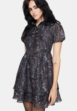 Haunt Medieval Print Chiffon Smocked Mini Dress