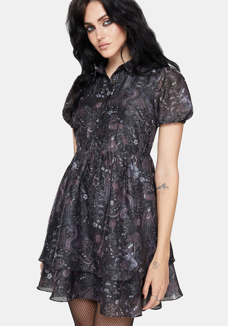 Haunt Medieval Print Chiffon Smocked Mini Dress