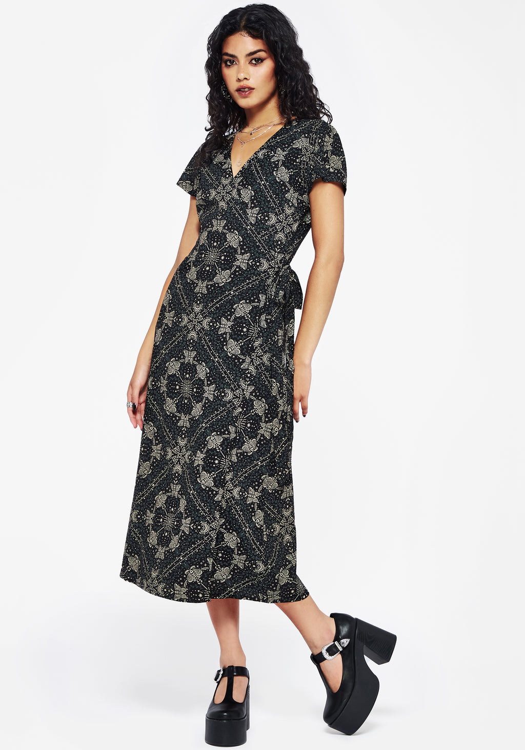 Poem Moth Printed Wrap Midi Dress | Disturbia Poem Moth Printed Wrap Midi Dress | Disturbia