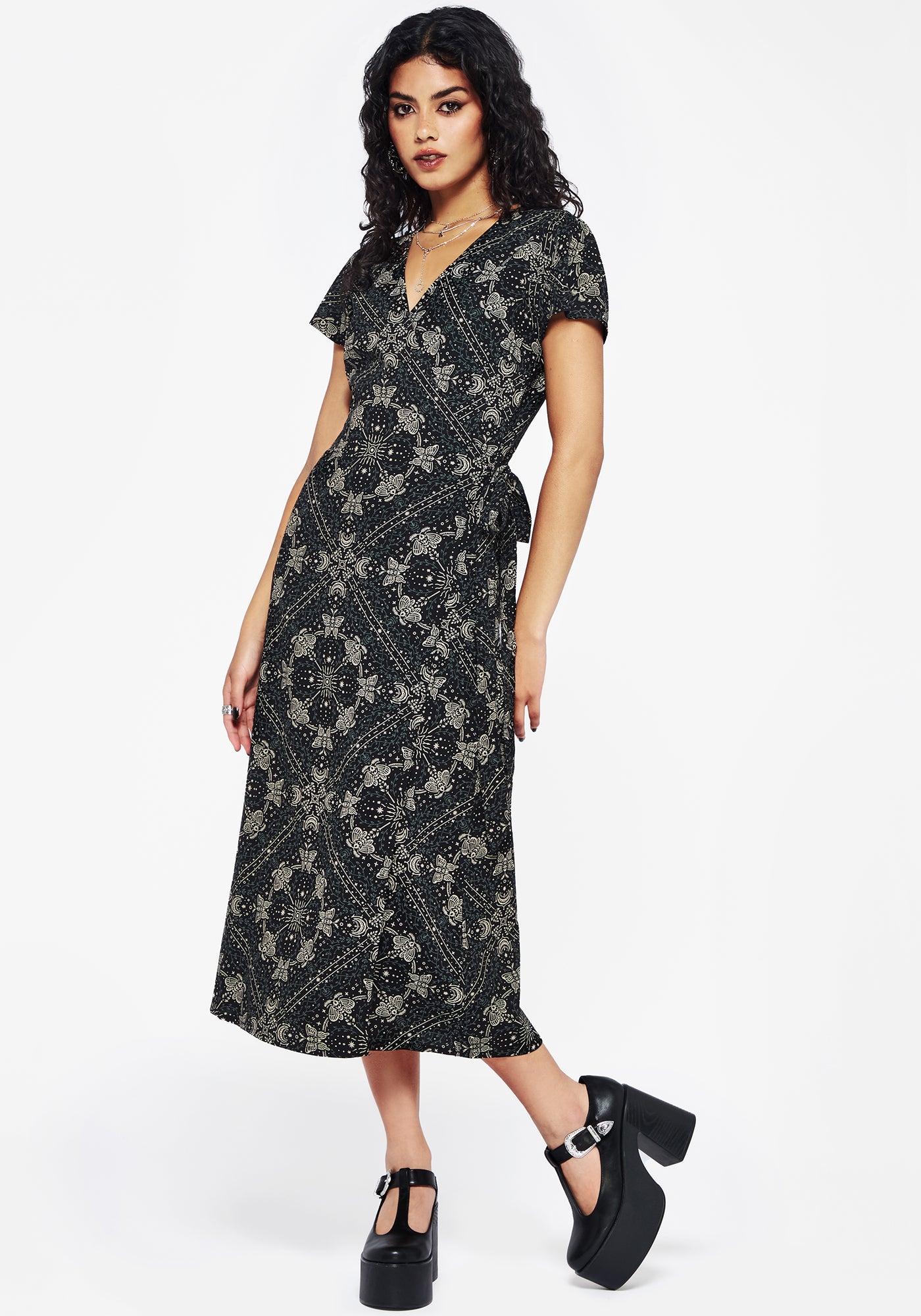 Poem Moth Printed Wrap Midi Dress | Disturbia Poem Moth Printed Wrap Midi Dress | Disturbia