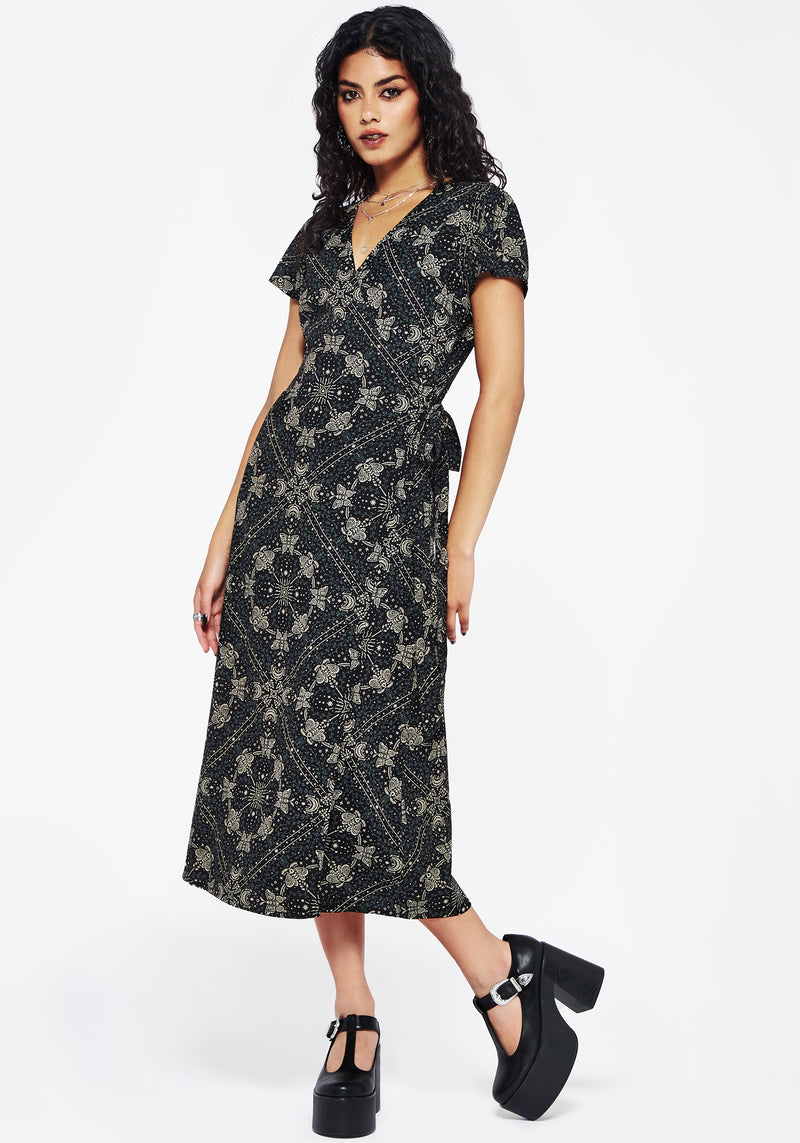 Poem Moth Printed Wrap Midi Dress | Disturbia - Shop Women's Gothic, Alternative & Dark Romantic Fashion, Accessories & Homeware Poem Moth Printed Wrap Midi Dress | Disturbia - Shop Women's Gothic, Alternative & Dark Romantic Fashion, Accessories & Homeware
