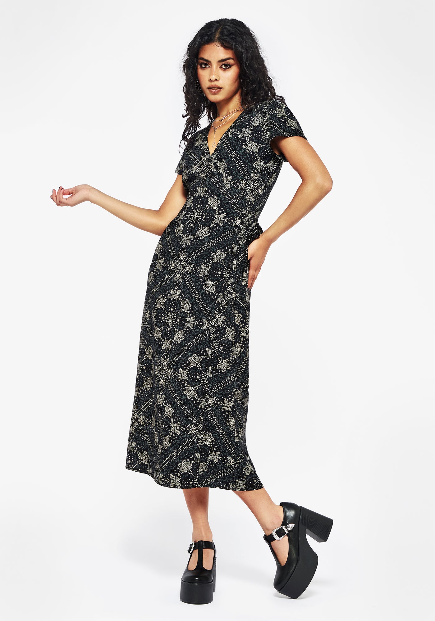 Poem Moth Printed Wrap Midi Dress | Disturbia