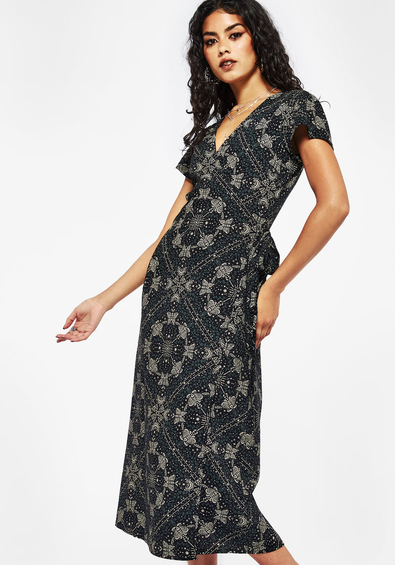 Poem Moth Printed Wrap Midi Dress | Disturbia - Shop Women's Gothic, Alternative & Dark Romantic Fashion, Accessories & Homeware Poem Moth Printed Wrap Midi Dress | Disturbia - Shop Women's Gothic, Alternative & Dark Romantic Fashion, Accessories & Homeware