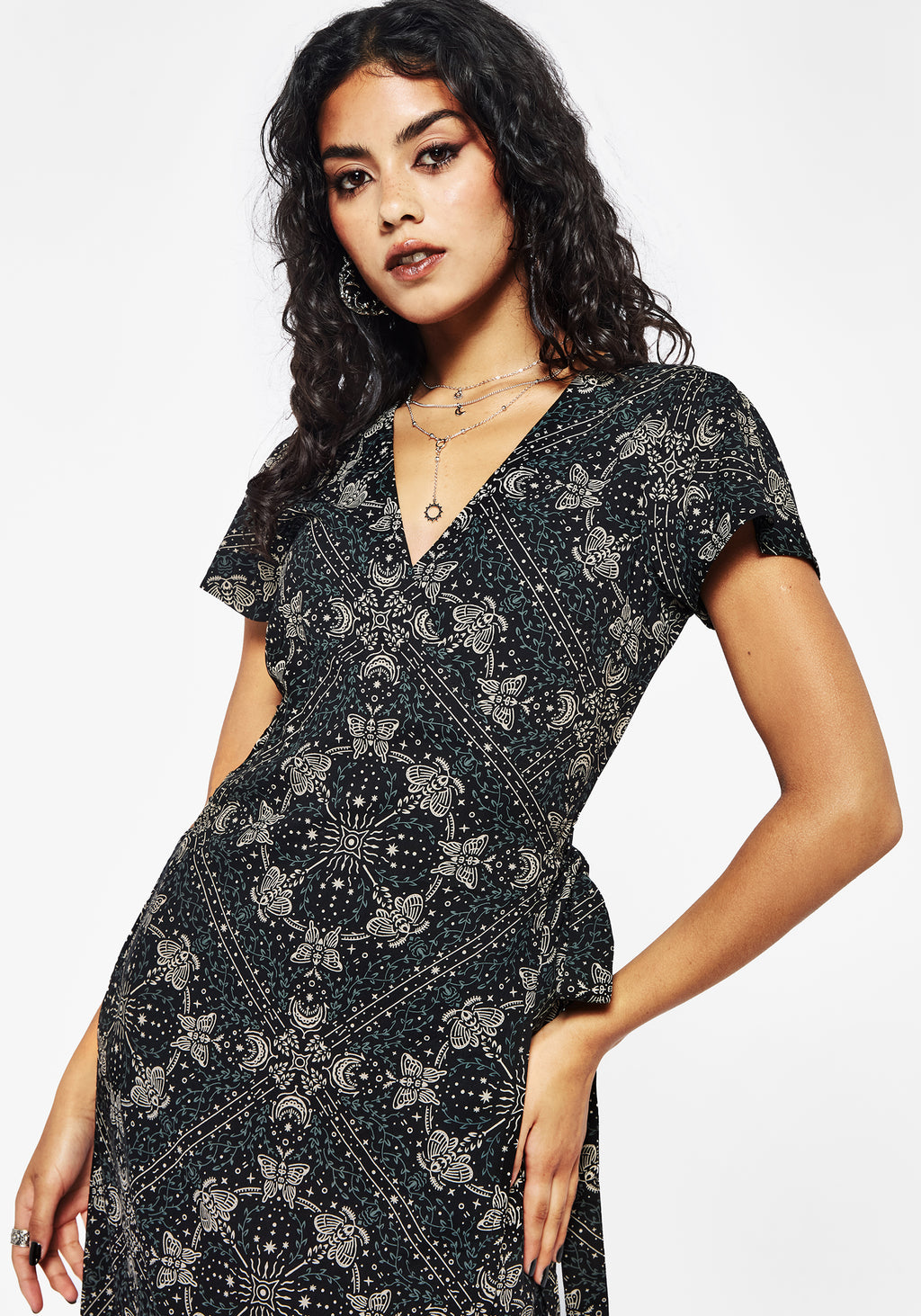 Poem Moth Printed Wrap Midi Dress