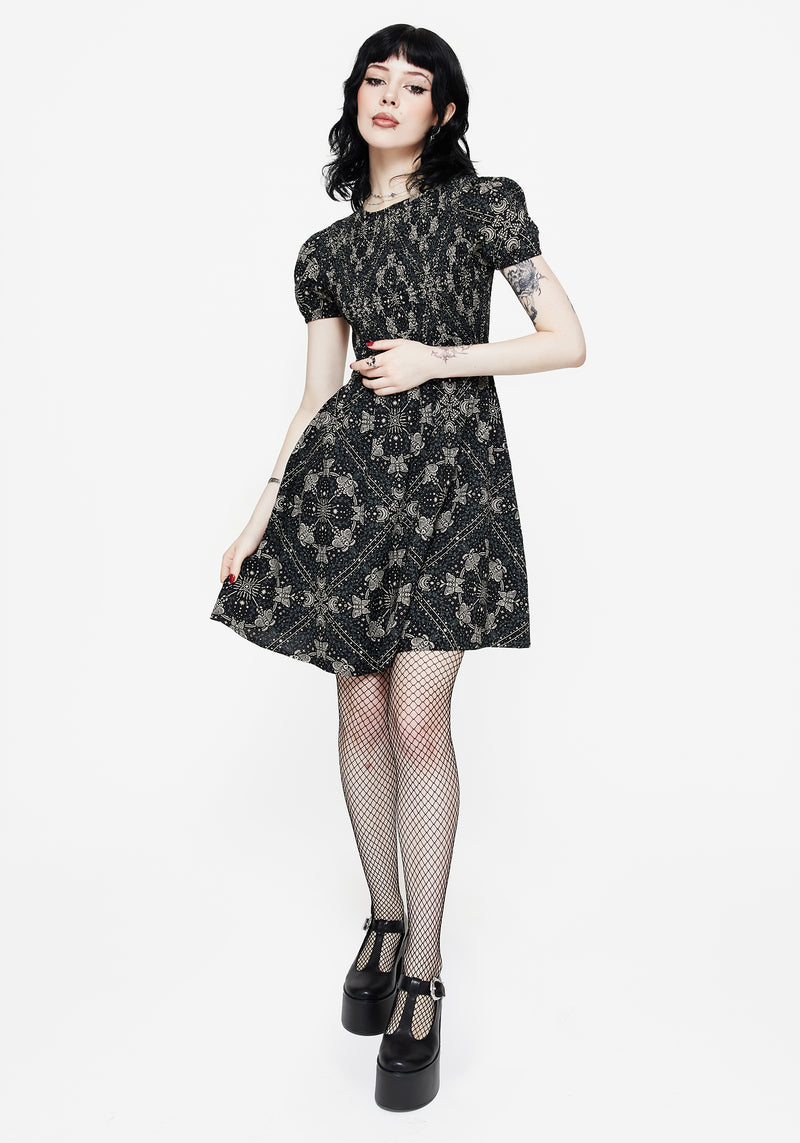 Poem Moth Printed Puff Sleeve Mini Dress | Disturbia - Shop Women's Gothic, Alternative & Dark Romantic Fashion, Accessories & Homeware Poem Moth Printed Puff Sleeve Mini Dress | Disturbia - Shop Women's Gothic, Alternative & Dark Romantic Fashion, Accessories & Homeware