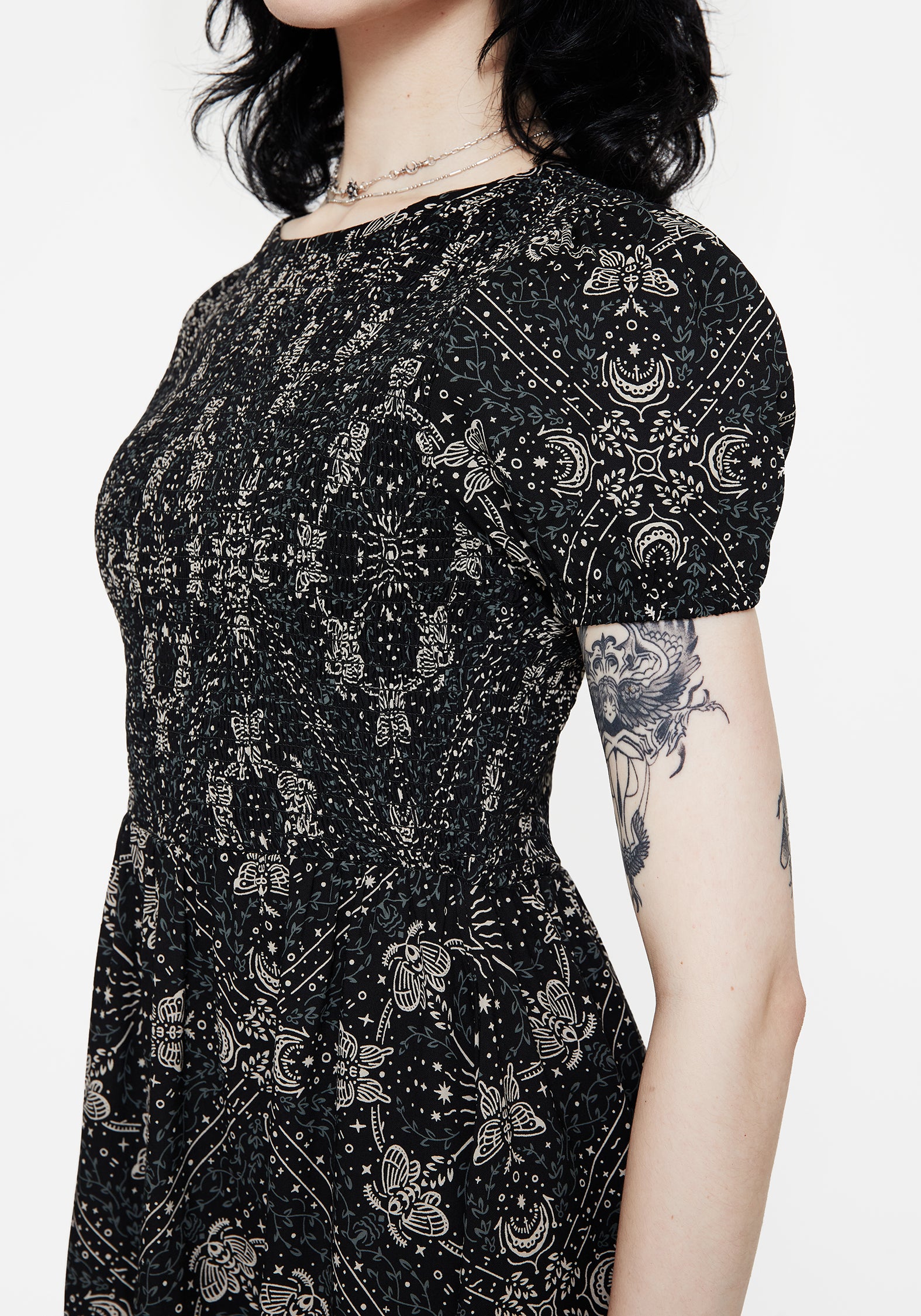 Poem Moth Printed Puff Sleeve Mini Dress